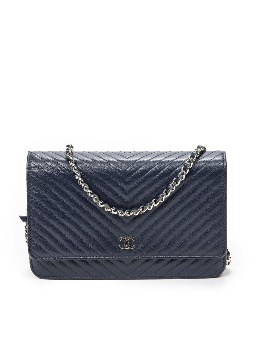 Chanel Classic Chain Wallet Navy Chevron Quilted Calfskin Leather Shoulder Bag